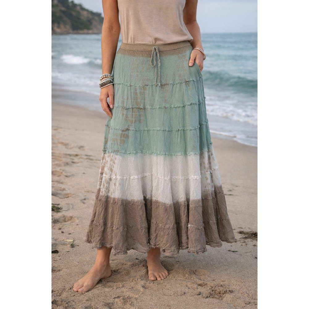 Tiered Maxi Skirt in Sage, Cream & Taupe